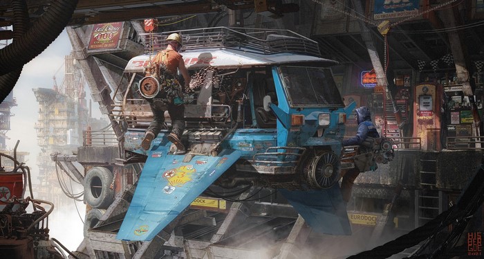 Tom Hisbergue, artwork, workers, futuristic, ArtStation, 2021 (Year), vehicle