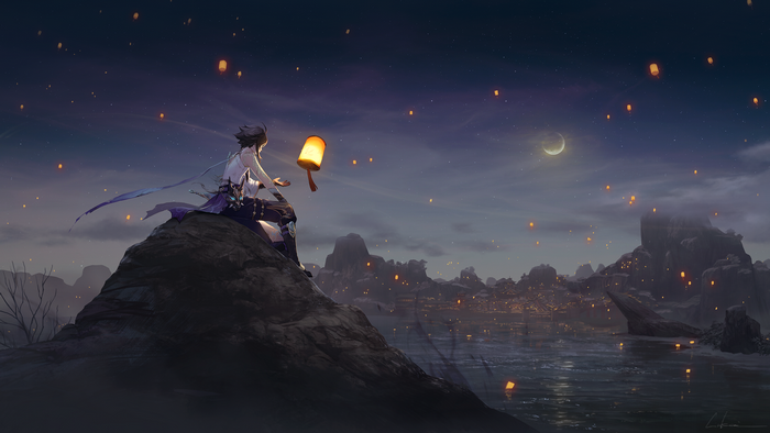 Genshin Impact, anime, fantasy art, stars, night sky, Xiao(Genshin Impact)