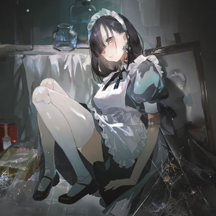 women, women indoors, Songruan, maid, legs together, anime girls, dark hair, Pixiv, maid outfit, brown eyes, anime, thigh-highs