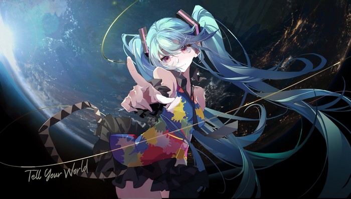 twintails, Songruan, anime, anime girls, long hair, purple eyes, Hatsune Miku, Vocaloid, minidress, blue hair, planet
