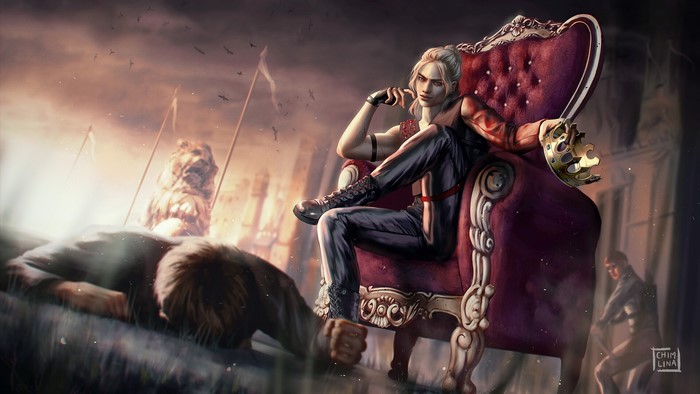 blonde, artwork, Paulina Bochniak, digital art, throne, white hair, drawing, crown, legs crossed, ArtStation, digital painting, corpse, sitting, women