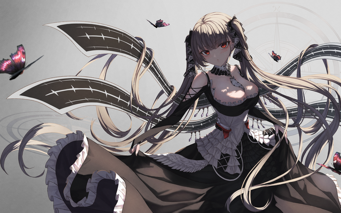 4K, gray hair, gothic lolita, twintails, Azur Lane, red eyes, anime girls, Formidable (Azur Lane), long hair