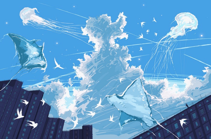 Jellyfish and Manta Rays Flying in the Sky with Birds