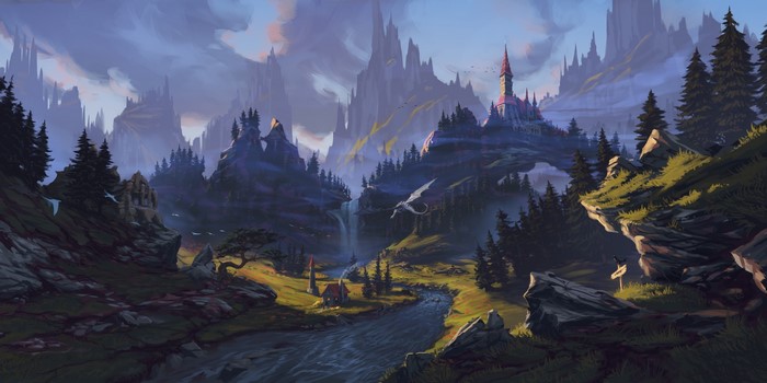 rocks, river, landscape, artwork, digital art, dragon, house, castle, Philipp A. Ulrich, trees, clouds