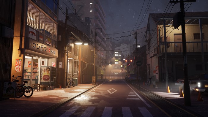 artwork, rain, night, 3D graphics, digital art, street