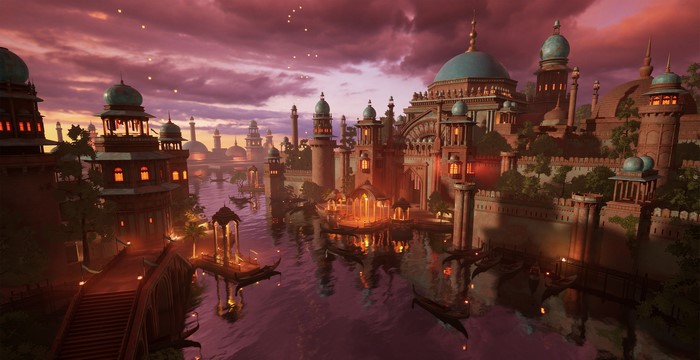 Indian Architecture, 3D graphics, sunset, lantern, digital art, artwork, canal, castle