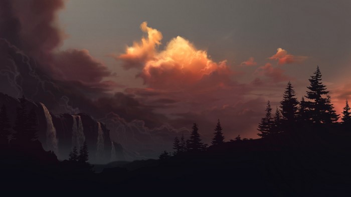 clouds, digital art, waterfall, Philipp A. Ulrich, sunlight, artwork, trees, sky