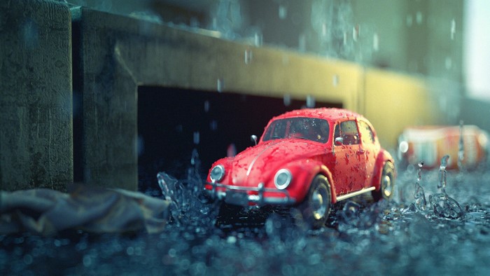 red cars, car, artwork, ArtStation, Volkswagen, vehicle, Tommi Rahko, rain, macro