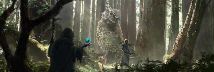 4K, forest, owl, wizard, archer, fantasy art, GGAC SHANGHAI