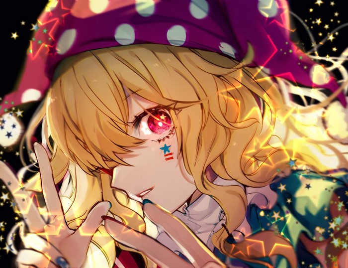 red eyes, anime girls, Clownpiece, anime, blonde, face, looking at viewer, Touhou