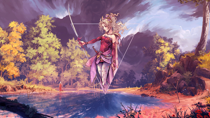 anime girls, sword, Final Fantasy, digital art, Terra Branford, triangle, fantasy girl, Photoshop, metalanguage, women, landscape, fantasy art, abstract, anime, girls with swords, video games, picture-in-picture, blonde