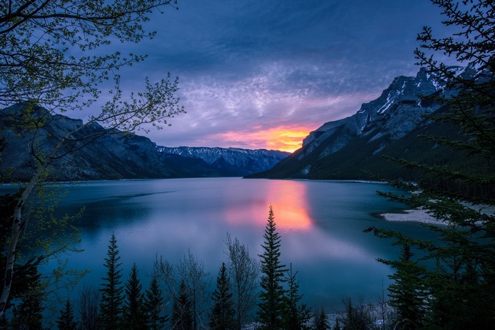 Sunset over a lake in the Canadian Rockies