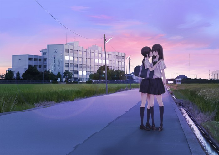 yuri, light effects, landscape, anime girls, Chikuwa, anime city, couple, school uniform, animeirl
