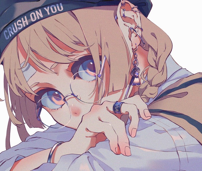piercing, Ritao Kamo, looking at viewer, anime, earrings, wristband, rings, blue eyes, anime girls, glasses, hat