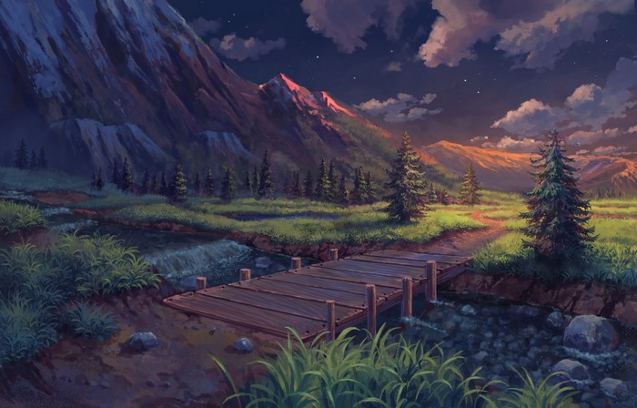 digital art, sky, artwork, mountains, trees, night, water, clouds, Bakawasima, bridge, landscape