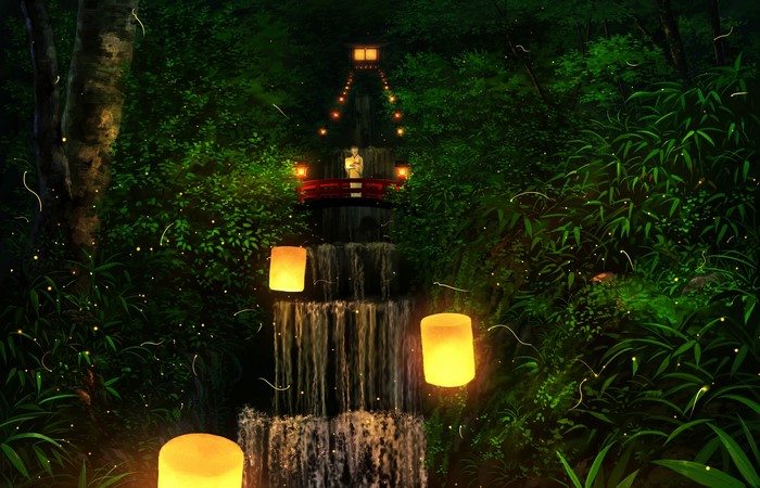 artwork, lantern, forest, landscape, digital art, waterfall, trees