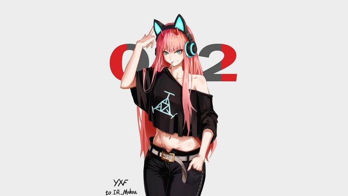 4K, Zero Two (Darling in the FranXX), aqua eyes, Darling in the FranXX, women, pink hair, long hair, bare midriff, horns, anime, headphones, anime girls