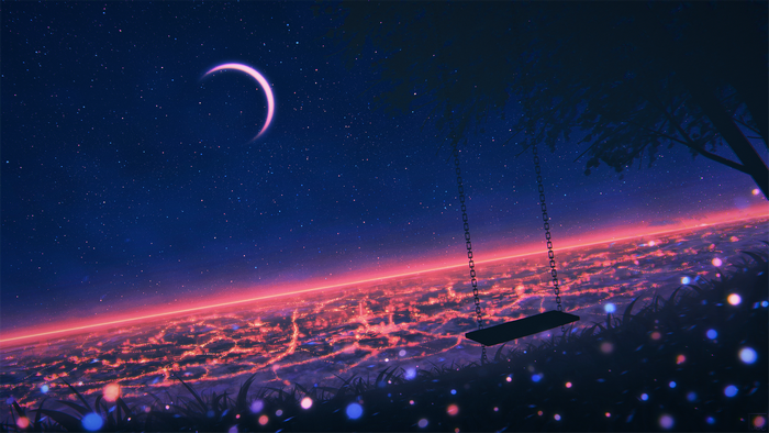 Moon, Elizabeth Miloecute, night, stars, artwork, cityscape, landscape, swings, sky