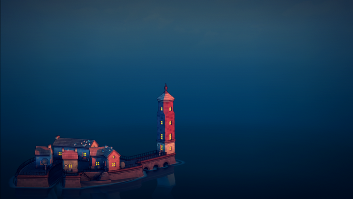 Townscaper, video games, lighthouse, town, calm waters