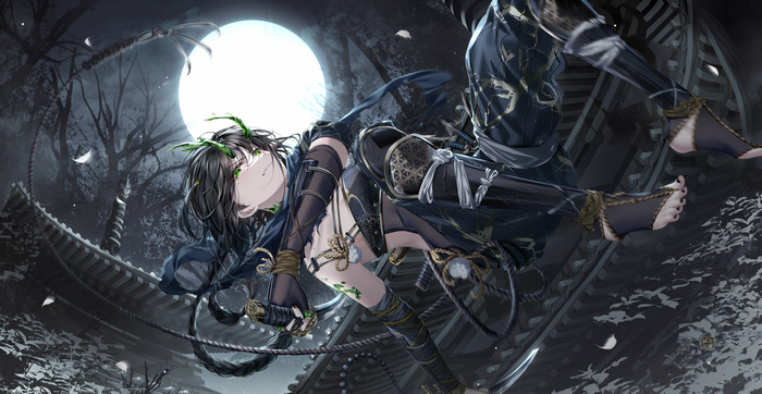 4K, night, Moon, green eyes, black hair, junpaku karen, horns, anime girls, anime, braids, ninja girl