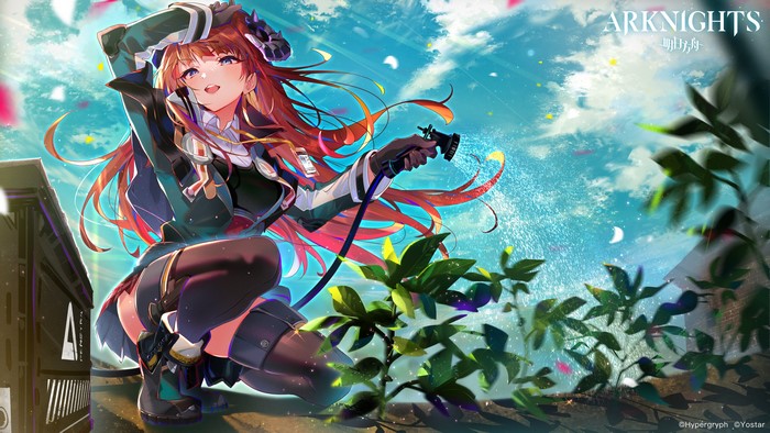 4K, brunette, Arknights, anime, Bagpipe(Arknights), blue eyes, horns, thigh-highs, Arutera, plants, squatting, anime girls