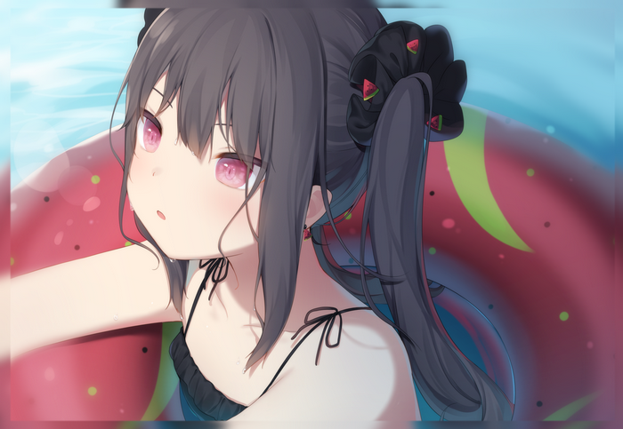 dark hair, violet eyes, anime girls, Amashiro Natsuki, swimwear, anime, in water