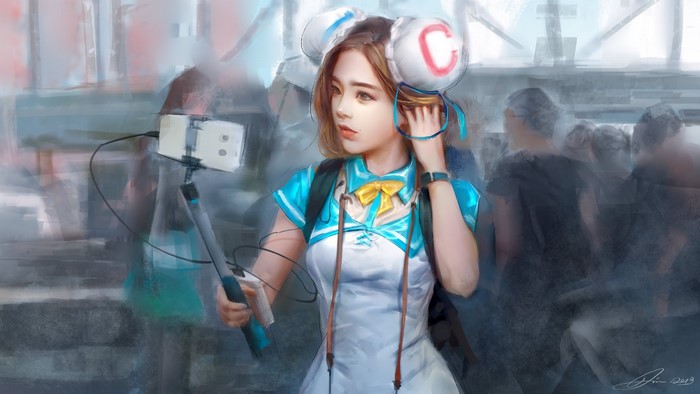 cosplay, selfie stick, digital art, women