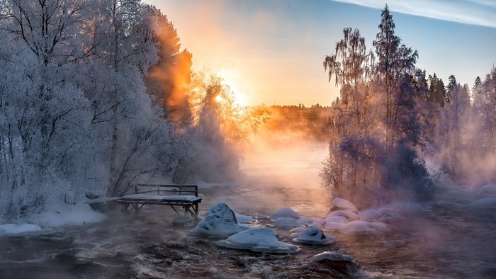 4K, winter, outdoors, cold, trees, snow, water, ice, nature, sunlight
