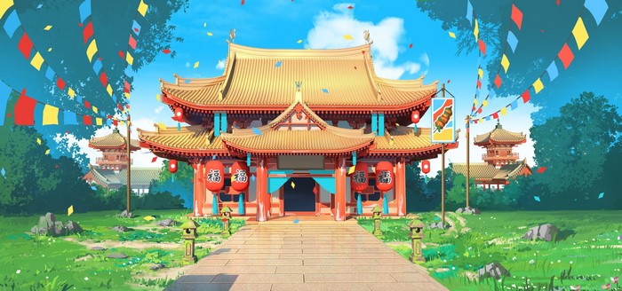 building, architecture, lantern, digital art, Asian architecture, landscape, artwork