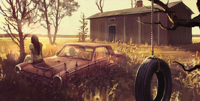 4K Digital Art of Vintage Red Car with Women and Tire Swing