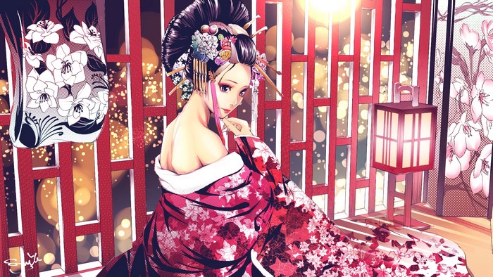 anime girls, Japanese clothes, artwork, back, Japanese Art, Smile (artist), bare shoulders, lantern, original characters, women, kimono