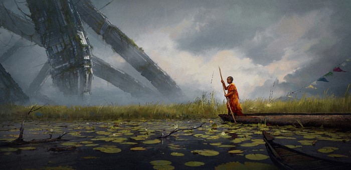 water lilies, kayaks, landscape, lake, boat, digital art, science fiction, artwork, monks, clouds