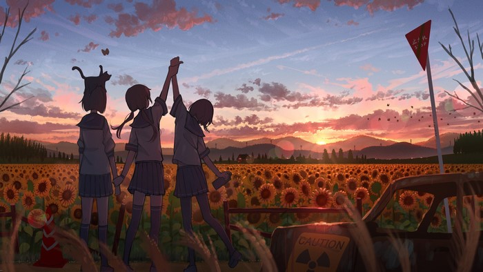 4K, sign, sunlight, women outdoors, school uniform, women trio, sunflowers, Biohazard (Sign), landscape, arms up, field, anime girls, original characters, outdoors, Pasoputi, sunset, anime, plants
