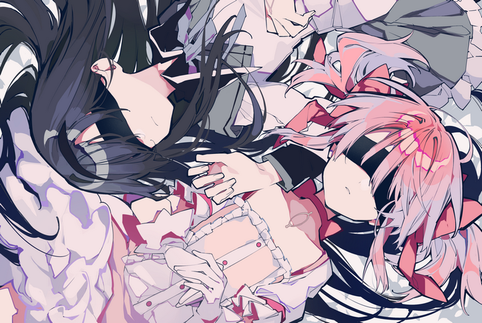 Akemi Homura, simple background, dress, anime, blindfold, pink hair, anime girls, Mahou Shoujo Madoka Magica, Kei Mochizuki, dark hair, Kaname Madoka