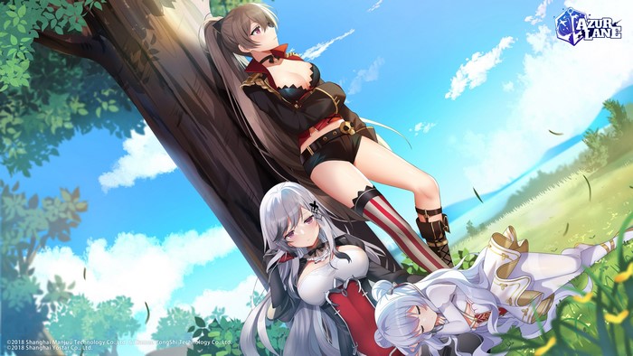 4K, anime girls, jean bart (azur lane), Kuroto, anime, cleavage, tree trunk, loli, artwork, Azur Lane, short shorts, landscape, brunette, sleeping, ponytail, long hair, Dunkerque (Azur Lane), pantyhose, silver hair, Le Malin (Azur Lane)
