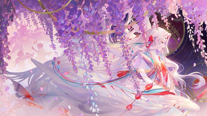 silver hair, anime girls, Criin, Onmyouji, Japanese clothes, anime, long hair