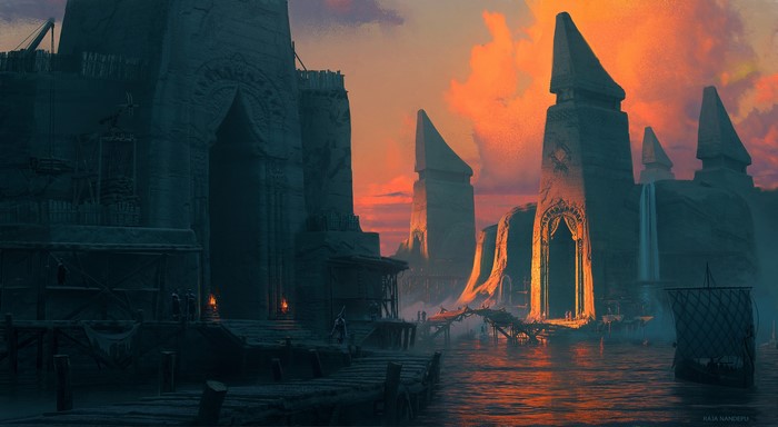 boat, artwork, Raja Nandepu, river, digital art, village