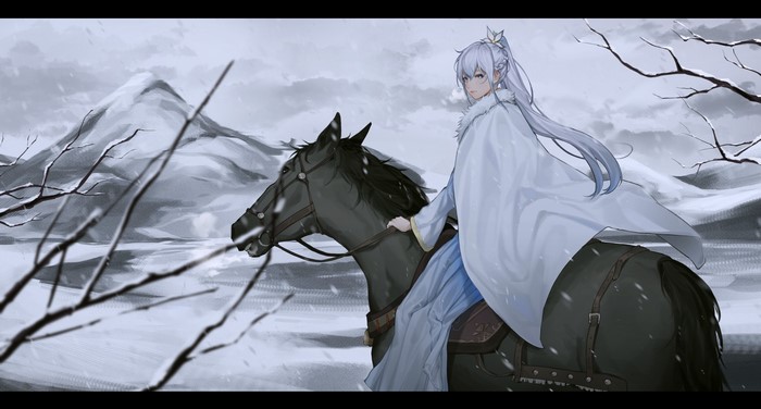 flower in hair, horse, long hair, cloack, blue eyes, anime girls, anime, mountains, winter, silver hair, snow, Jiliang Jiying Yumao