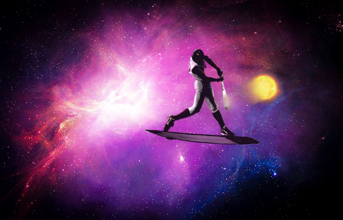 space, artwork, space art, digital art, pink, baseball, Sun, surfing
