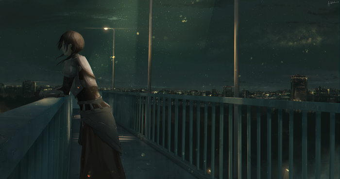anime, alone, anime girls, sky, stars, cityscape, city, women outdoors, Pixiv, t_res, brunette, outdoors, urban