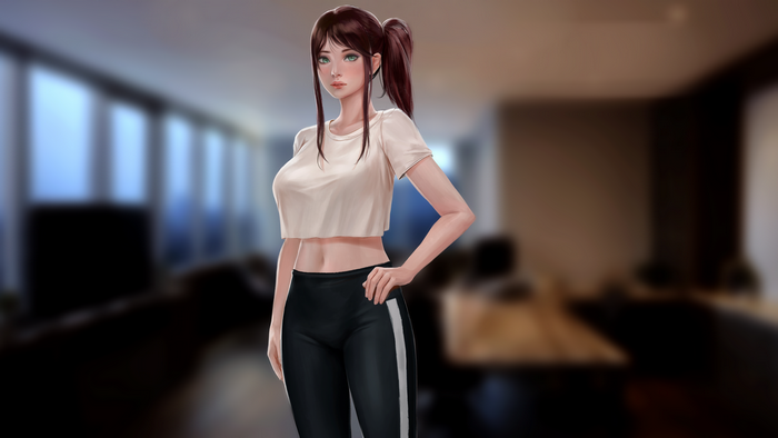 4K, PC gaming, belly, ponytail, digital art, video game characters, video games, parted lips, looking at viewer, artwork, League of Legends, video game girls, leggings, drawing, illustration, Akali(League of Legends), T-shirt, depth of field, fan art, women indoors, Akali, standing, white tops, Firolian, brunette