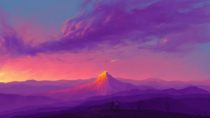 landscape, artwork, BisBiswas, sky, mountains, clouds, sunset, digital painting