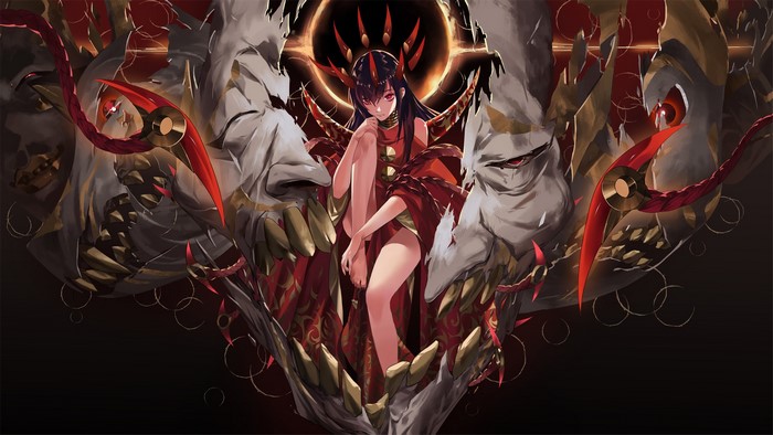 teeth, red eyes, horns, anime girls, long hair, dark background, anime, Onmyoji