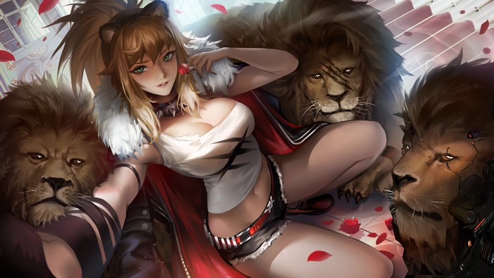 squatting, green eyes, Arknights, anime, lion, short shorts, tank top, selfies, cleavage, lolipop, anime girls, Siege(Arknights), blonde, animal ears, women