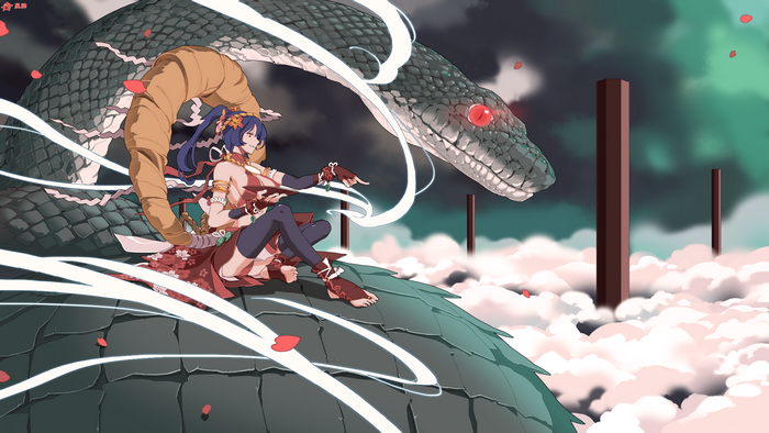 anime girls, sitting, red eyes, anime, Touhou, Yasaka Kanako, snake