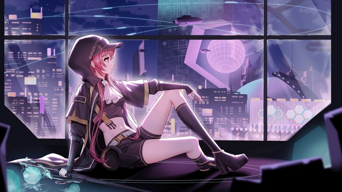 redhead, red eyes, crop top, window, short shorts, anime, anime girls, MaJiang