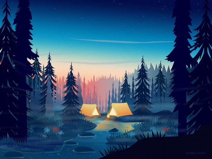 landscape, mist, tent, trees, digital art, illusion, camping