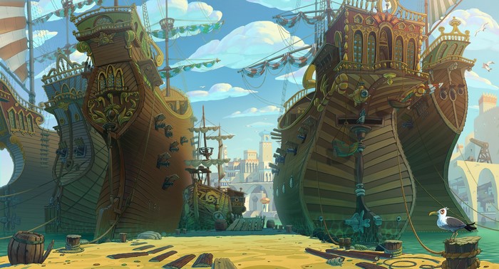 seagulls, fantasy city, sky, ship, clouds, harbor, illusion