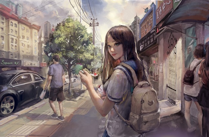 urban, outdoors, street, artwork, backpacks, looking at viewer, Asian, women outdoors, women, ArtStation