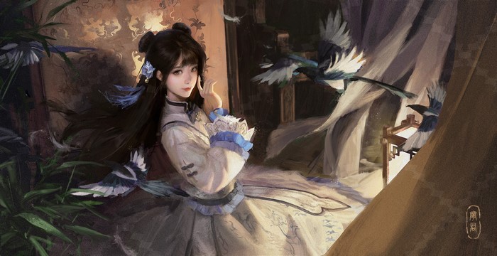 dress, ArtStation, looking at viewer, animals, LENoth Z, fantasy girl, fantasy art, dark hair, China gufen, artwork, birds, women, long hair